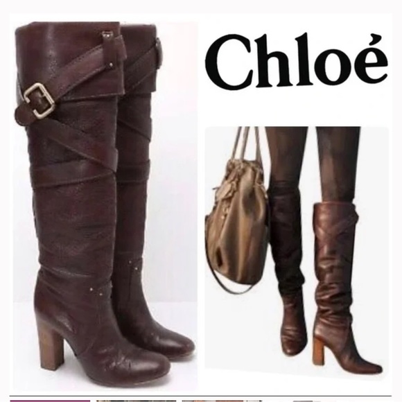 Women's AUTHENTIC Chloe Paddington Brown Leather Knee-High Boots Size 37.5 - Picture 1 of 16